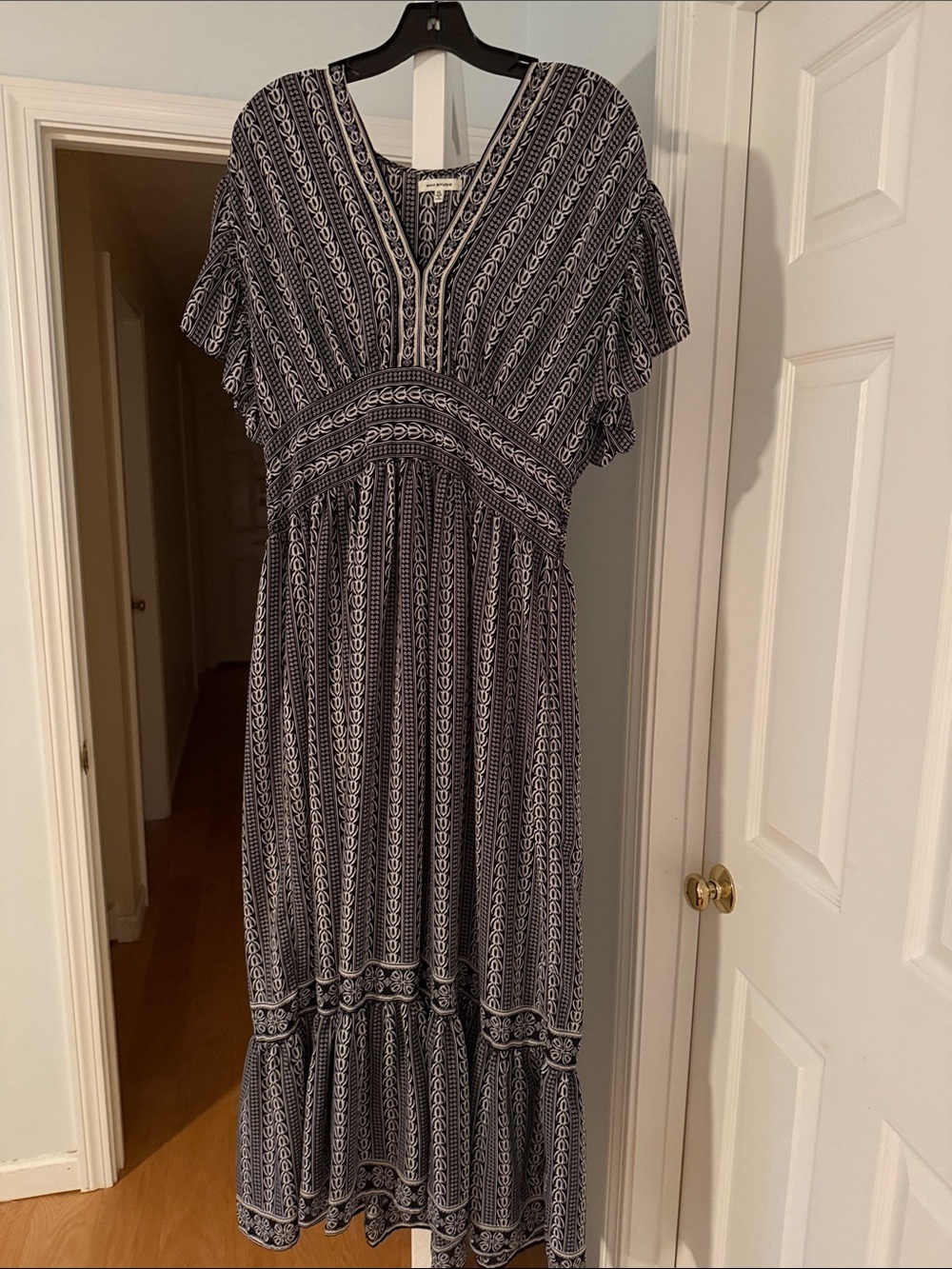 Boho V-Neck Navy Patterned Maxi Dress